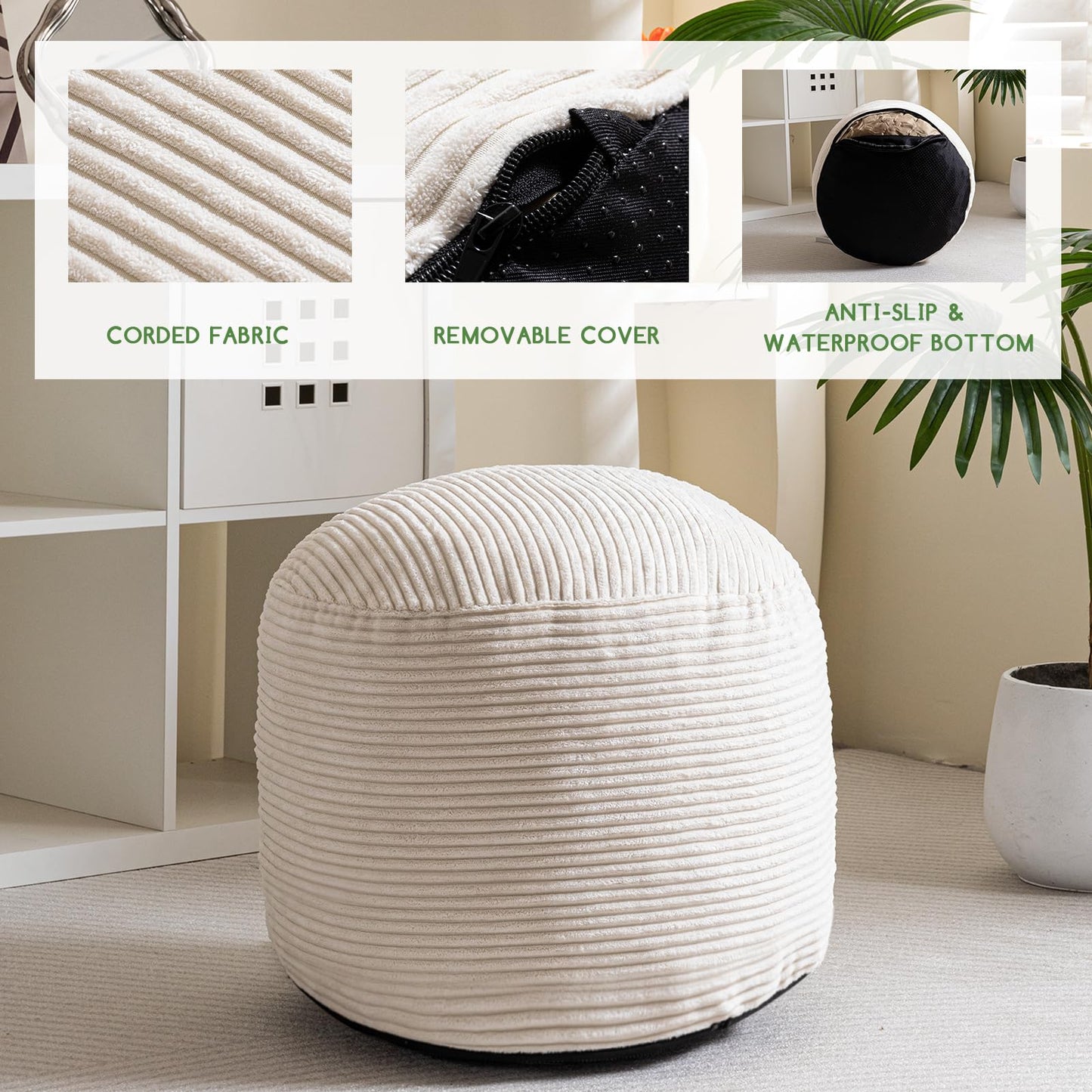 HIGOGOGO Corduroy Beanbags Round Footstool Bean Bag Pouf with Foam Chunk Filling, 50 x 35 cm Floor Poufs Foot Rest for Living Room, Navy