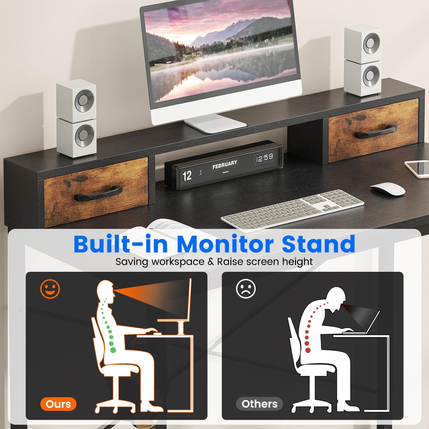 Feonase Industrial-Style Computer Desk with Elevated Monitor Riser & Dual Drawers – 100cm Wide MDF Desktop for Home Office