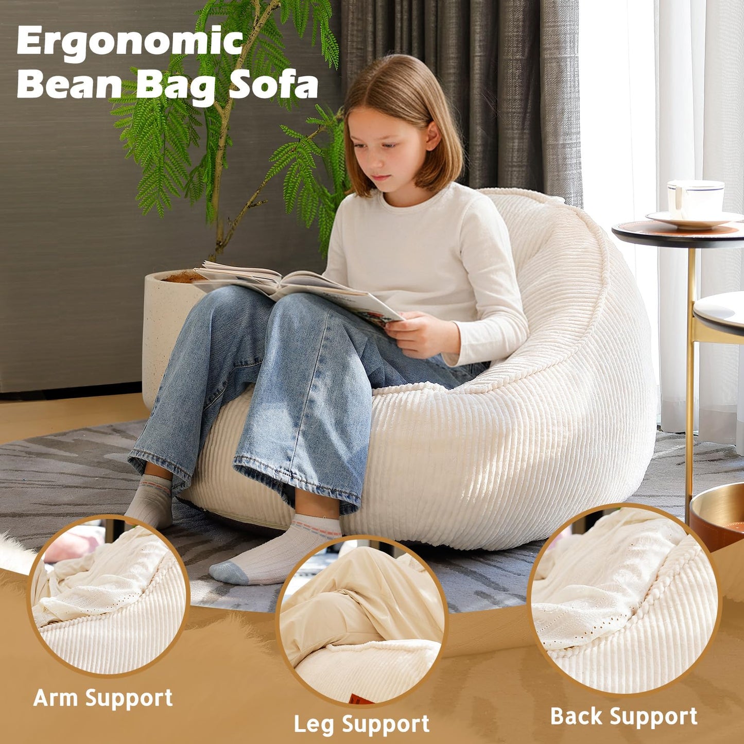 UODERS Bean Bag Chair for Teens & Kids, Corduroy Sofa Chair with Handle for Reading, Gaming, Cute Boneless Beanbag Sofa with Foam Filling