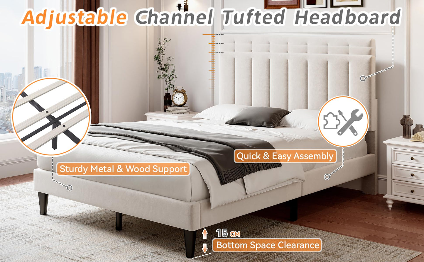 Merax 4ft6 Upholstered Bed Double Bed Frame with Adjustable Headboard,Children's bed,Youth bed,Guest bed,Velvet, Solid Wood Slats,Easy Assembly