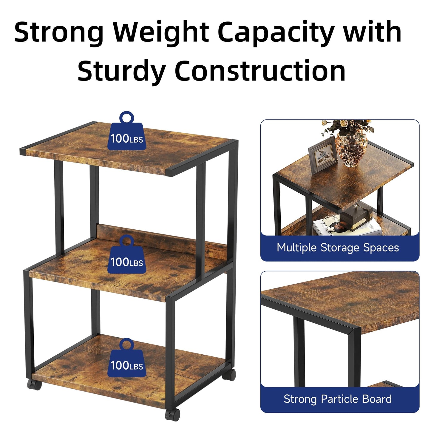 CAIYUN 3 Tier Printer Stand, Heavy Duty Printer Table with Wheels, Rolling Printer Cart with Storage Shelf, 3D Printer for Home Office, Heat Press