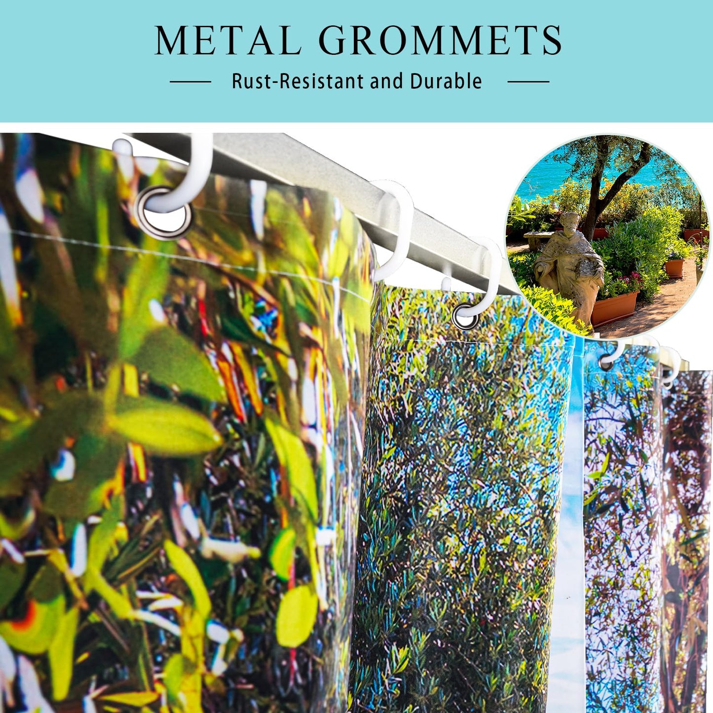 Sunny seaside garden with beautiful scenery Bathroom decoration, 3D HD, polyester waterproof shower curtain, 12 hooks, 180X180cm, bathroom essential