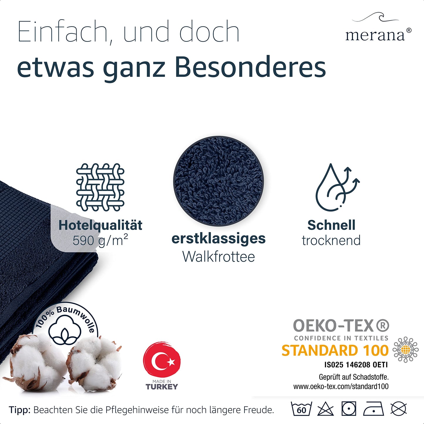 Merana Hand Towel Set Absorbent, Soft and Lint Terry Guest Towel Quality Heavy Organic Cotton 590 GSM, Pacific Blue, 8er Sparset | 2 Duschtuch