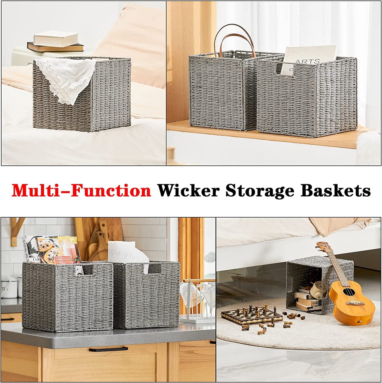 Vagusicc Wicker Baskets, Set of 2 Hand-Woven Paper Rope Storage Bins, Foldable Storage Cubes, Large Storage Baskets for Gifts Empty