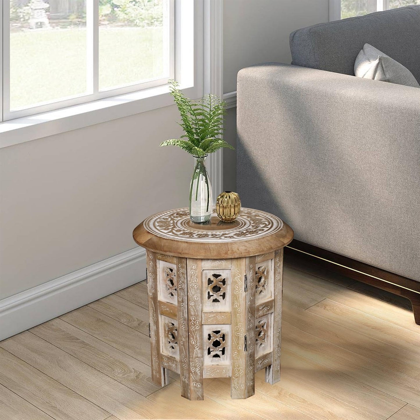 topfurnishing Beautiful Round Hand Carved Indian Shesham Wooden Coffee Table Side Table Beige Small 12"x12"x12" 30.5 cm