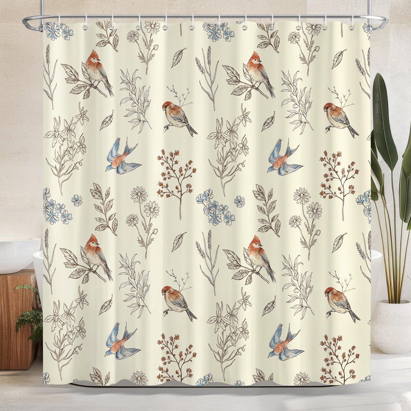 Dazzlewall Beige Birds Shower Curtain for Bathroom Mould & Mildew Resistant