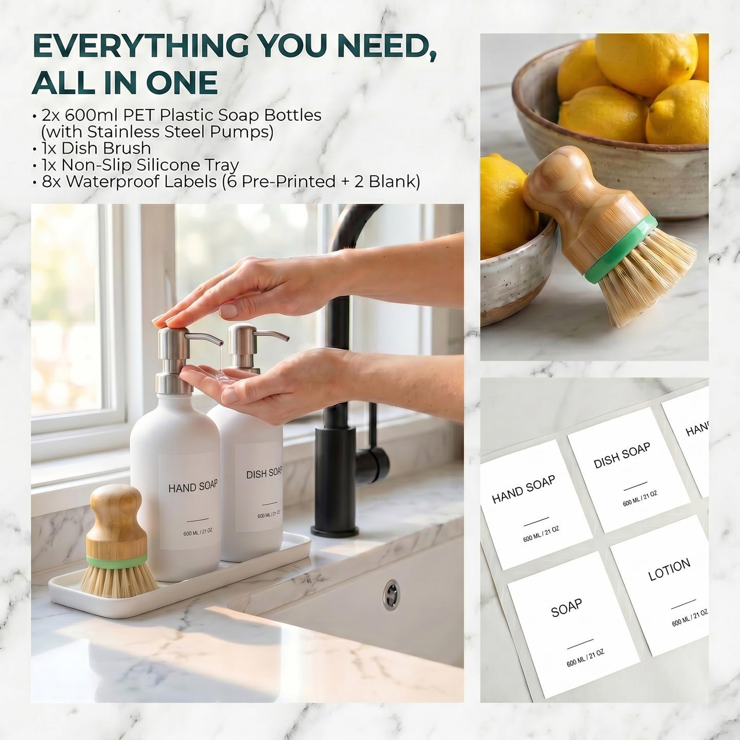 Hand & Dish Soap Dispenser with Dish Brush, Washing Up Liquid Dispenser Set 600ml, PET Plastic Bottle with Stainless Steel Pump