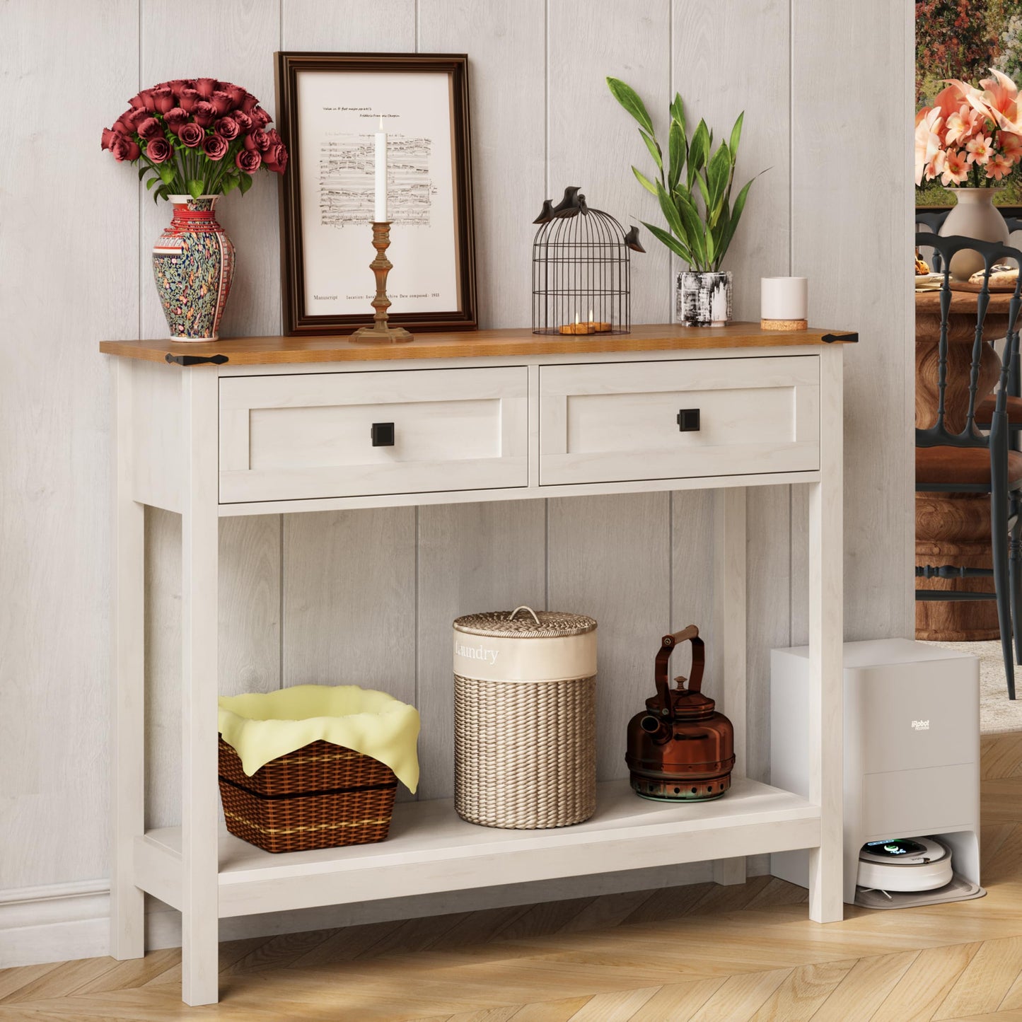 Trironsun Farmhouse Console Table with 2 Drawers for Entryway Rustic Hallway Table with Wooden Frame and Open Storage Shelf Sofa Table for Bedroom or