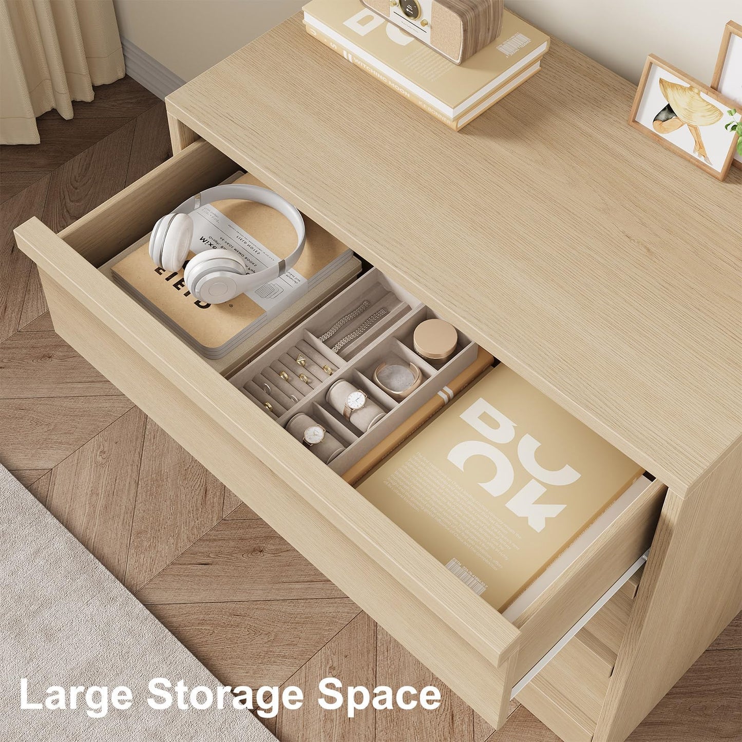 Crevyteg Modern 3-Drawer Storage Cabinet, Wooden Handle Dresser with Smooth Gliding, Sturdy Bedside Table for Bedroom, Living Room, Nursery Entryway