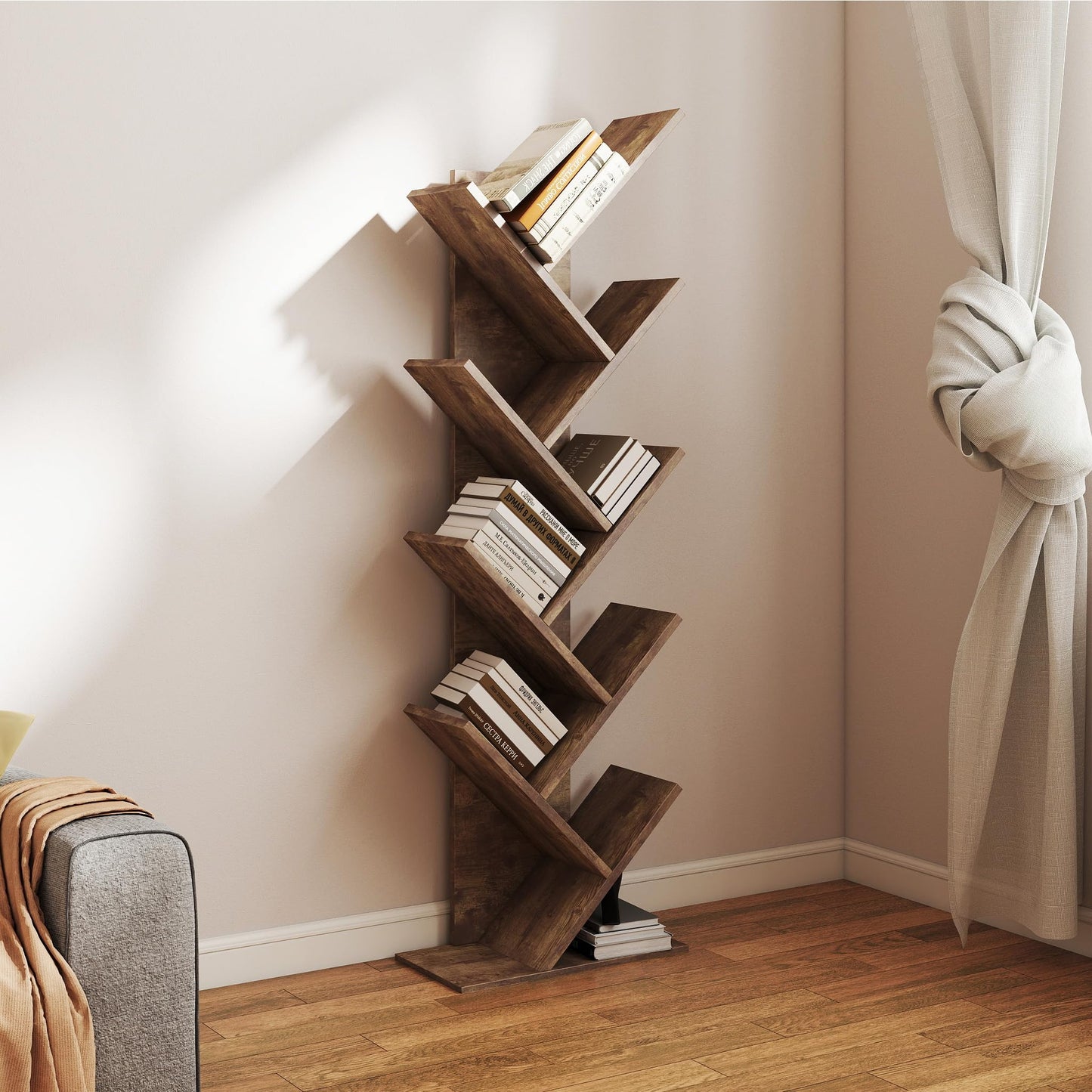Mondeer Tree Bookshelf, 8 Tier Bookcase Free Standing, Rustic Brown