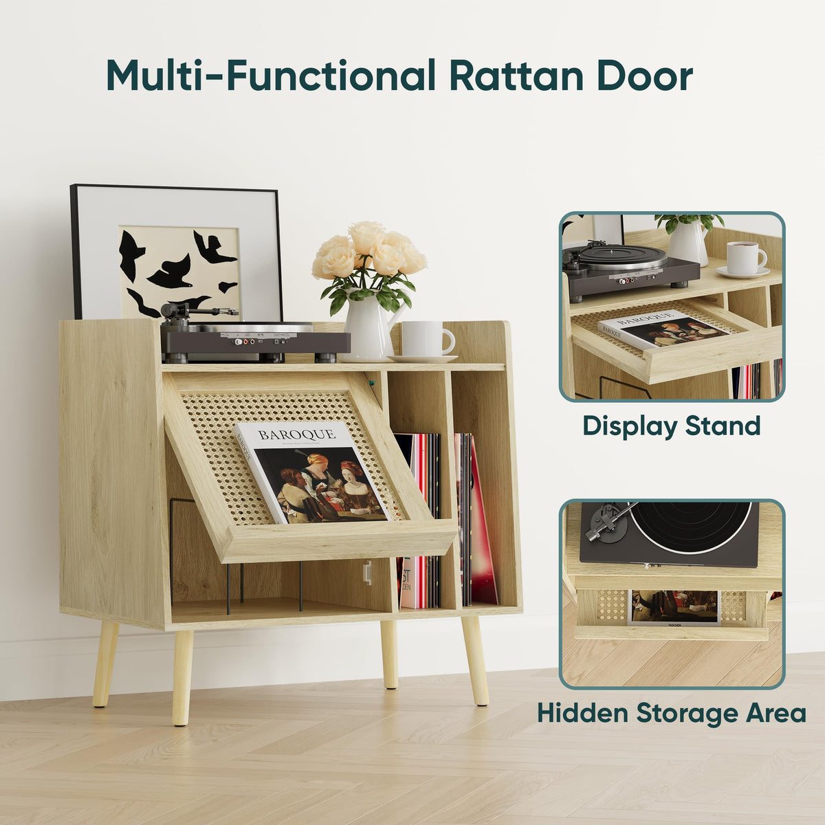Semiocthome Record Player Stand with Vinyl Storage, Record Player Table with Storage Shelf, Turntable Stand with Rattan Cabinet Door Small