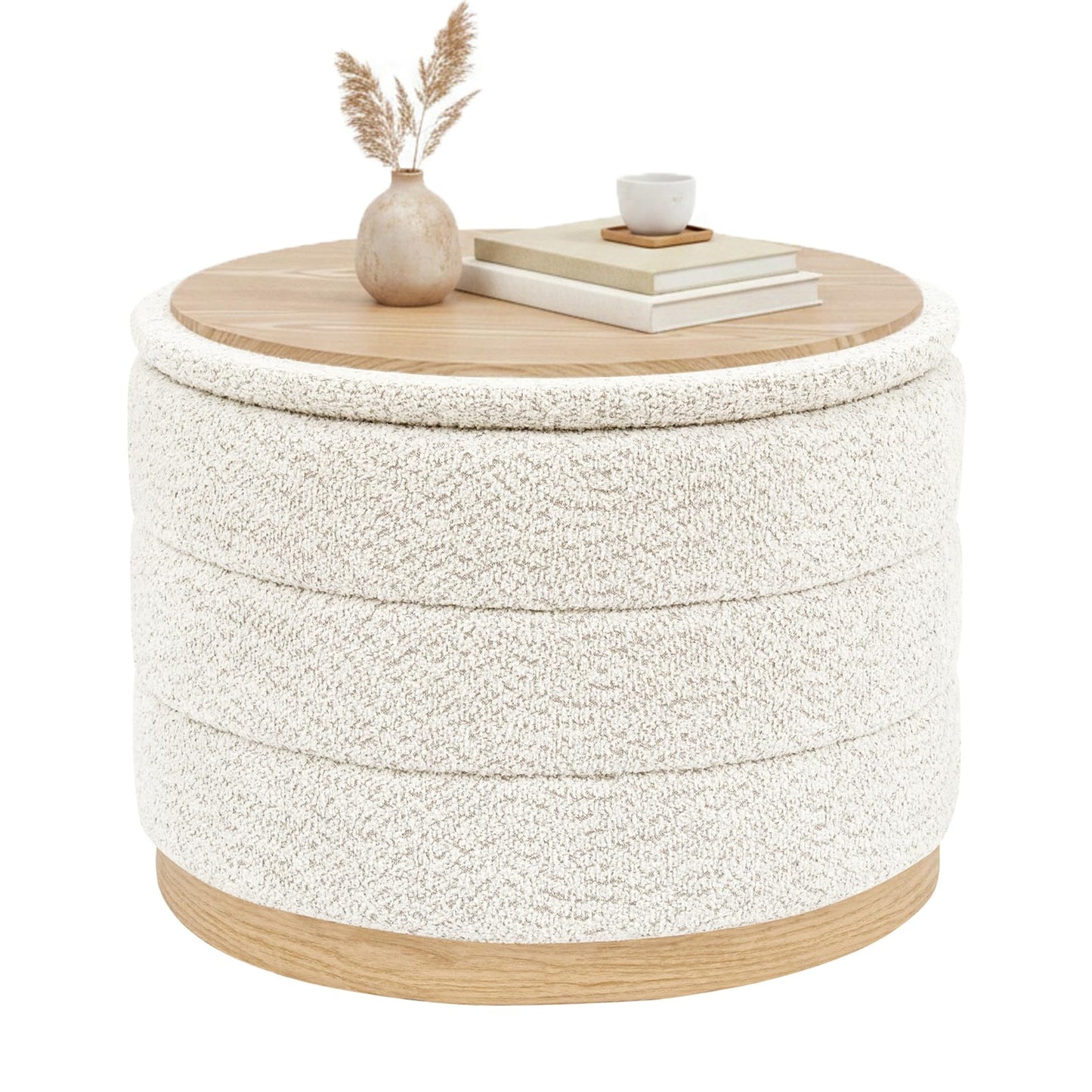 Bonlife Round Chenille Storage Ottoman Coffee Table, Folding Footstool with Table Top