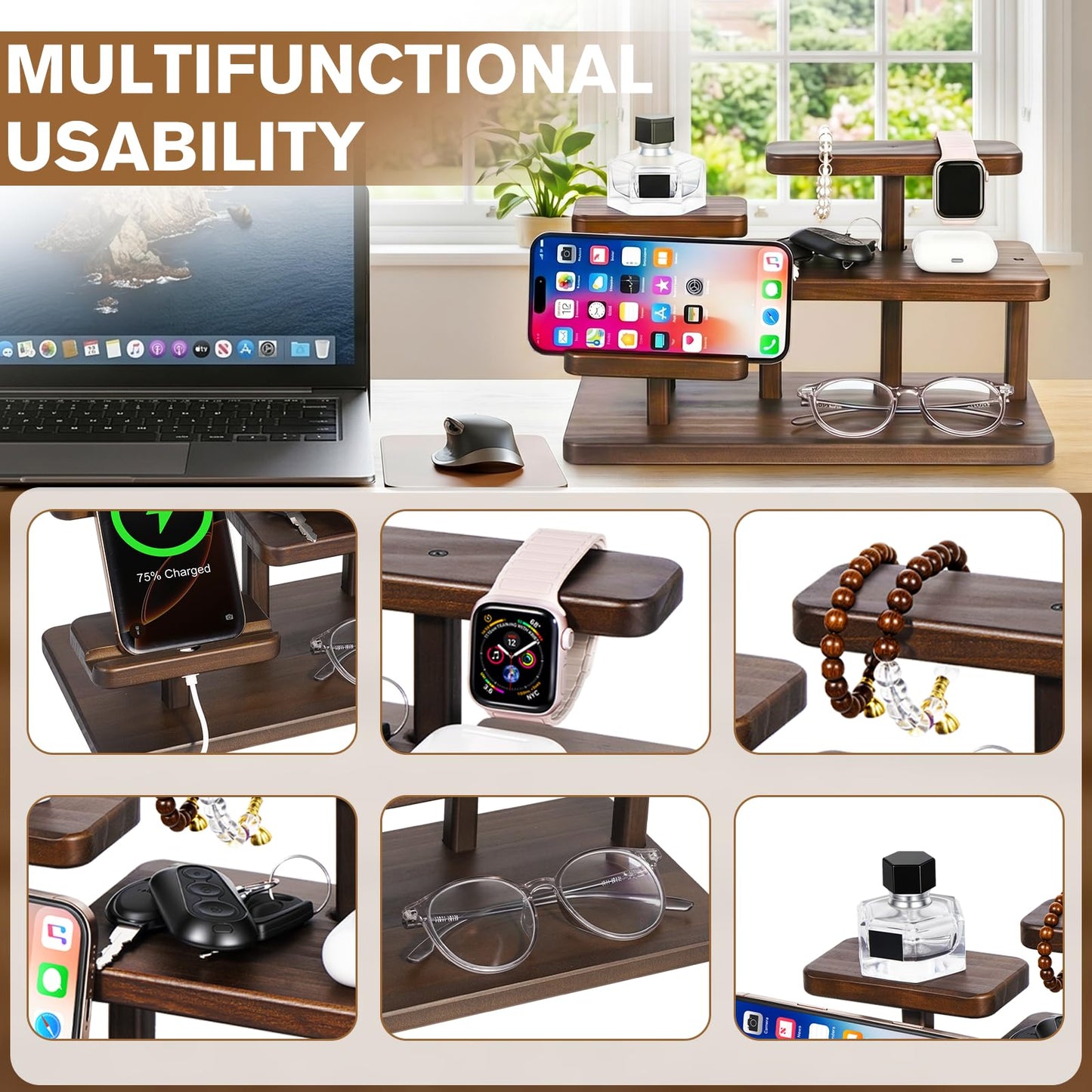 Gifts for Men Christmas Wood Phone Docking Station Desk Organizer Fathers Gifts Anniversary Birthday Gifts for him Xmas Presents for husband