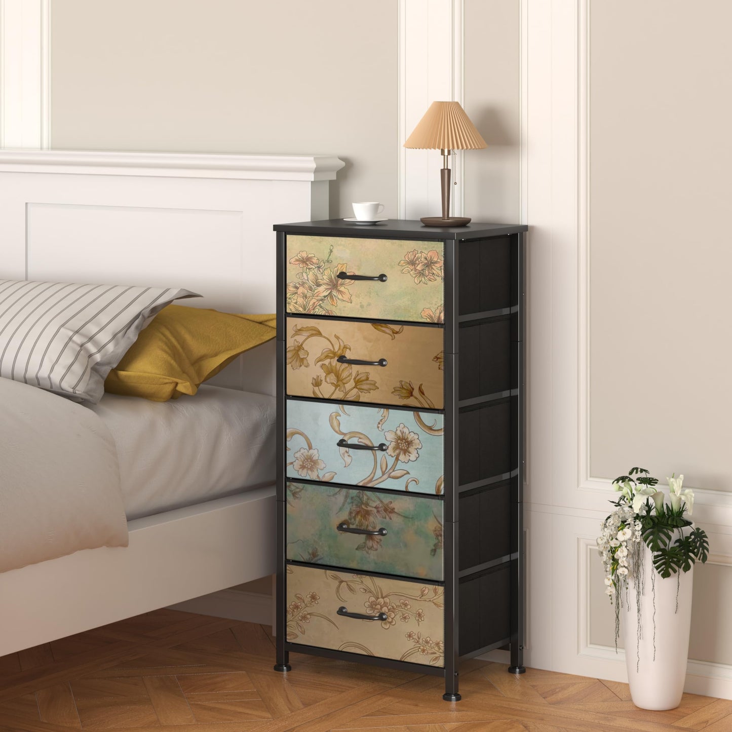 CAIYUN Chest of Drawers Bedroom with 5 Drawers, Tall Fabric Dressers with Flower Printing, Dresser for Entryway Hallway Living Room, Closet Storage