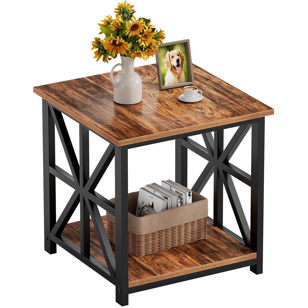 GreenForest Side Table 50cm 2-Tier Storage for Living Room, Walnut