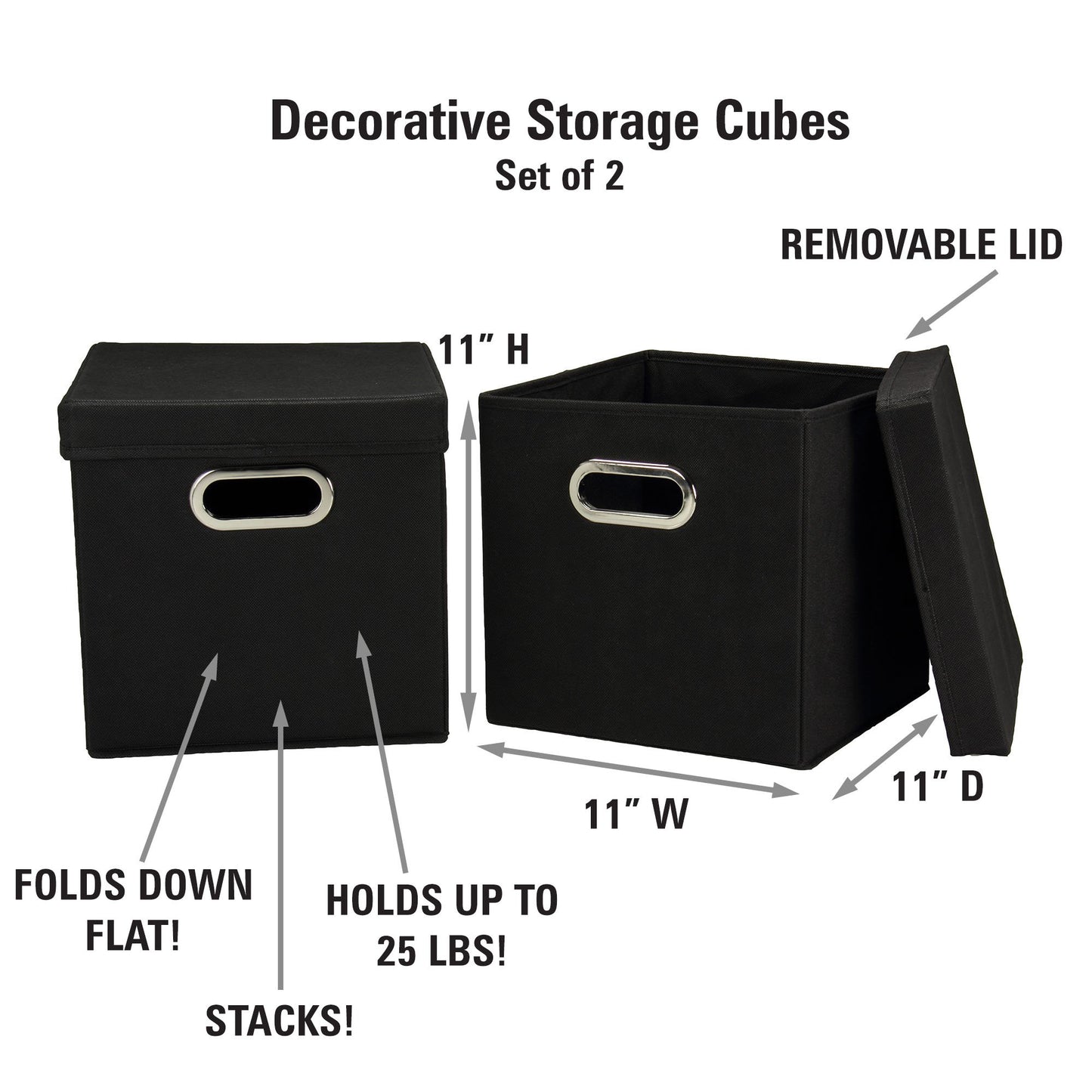 Household Essentials 34-1 Decorative Storage Cube Set with Removable Lids | Black | 2-Pack