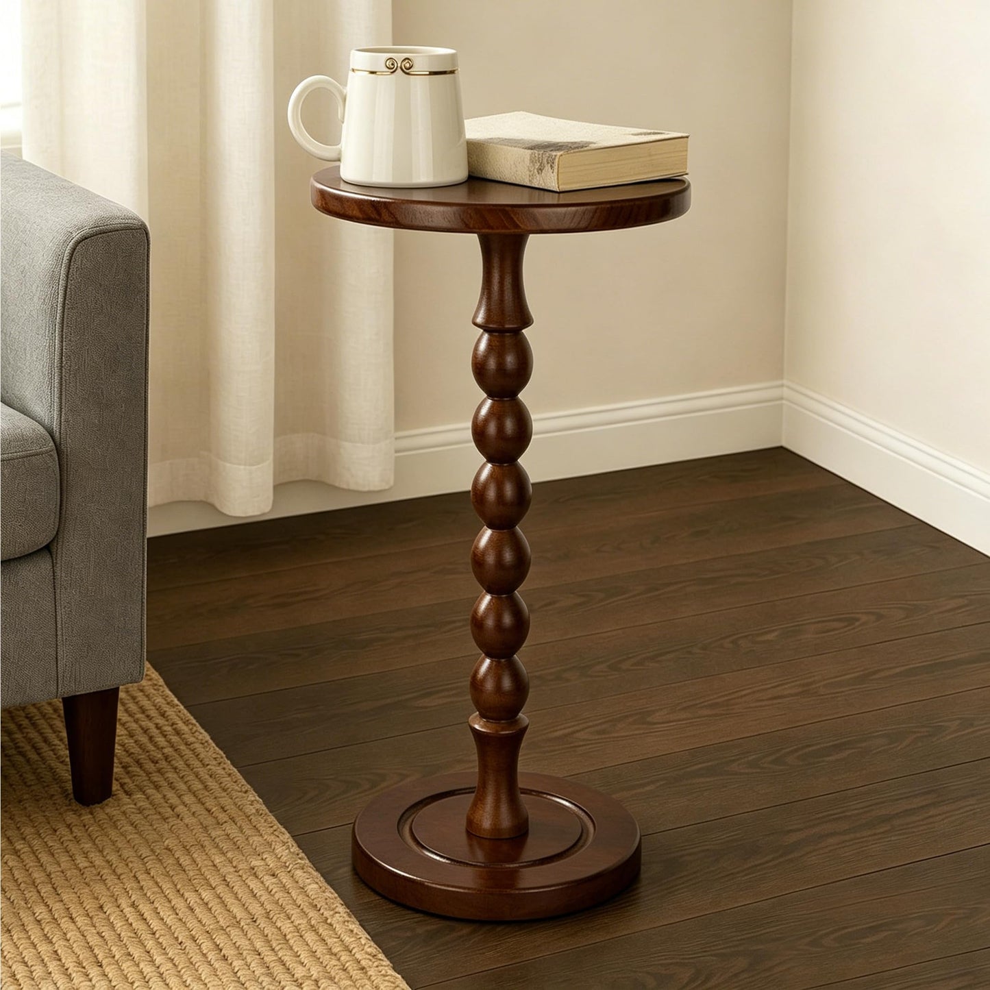 Lampaggio Round Side Table for Small Spaces, Drink Table with Oak Wood Pedestal, Modern End Table Nightstand for Living Room, Bedroom, Office