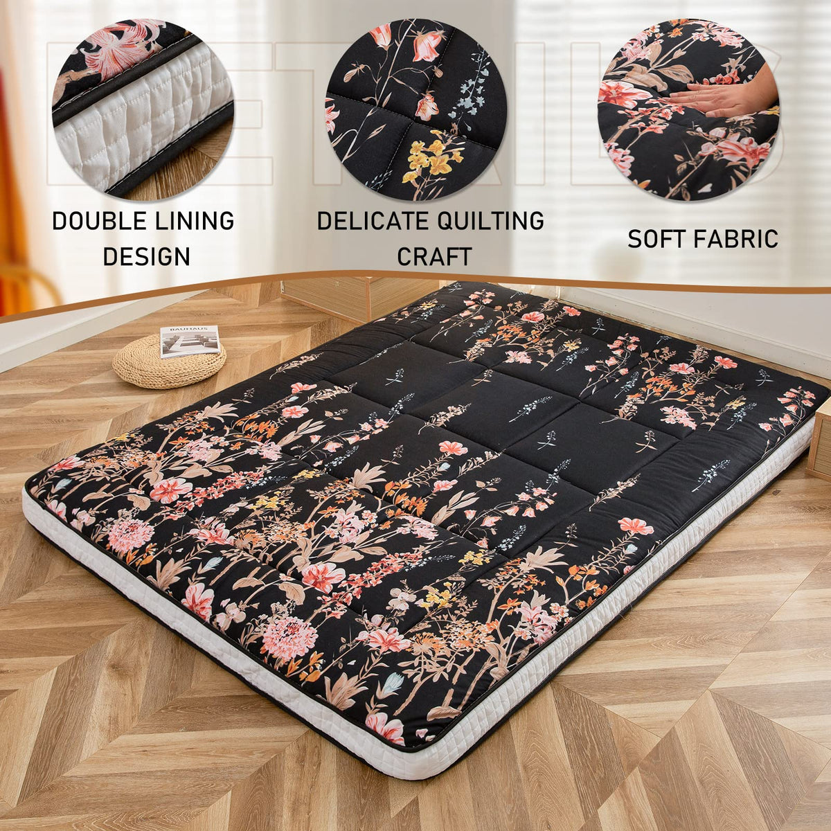 MAXYOYO Futon Mattress, Padded Japanese Floor Mattress Quilted Bed Topper, Extra Thick Folding Sleeping Pad Breathable Floor Lounger Guest Bed for