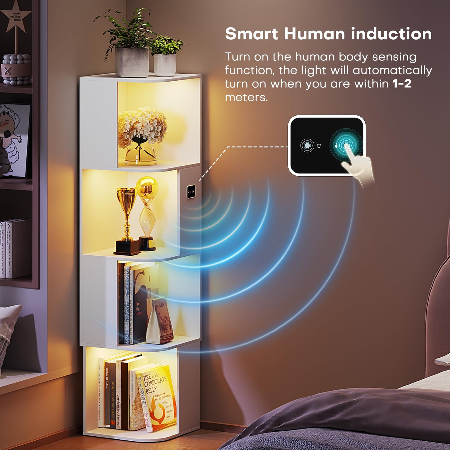 55.1 " Corner Wood Bookcase with Body Sensor LED for Home Office,White