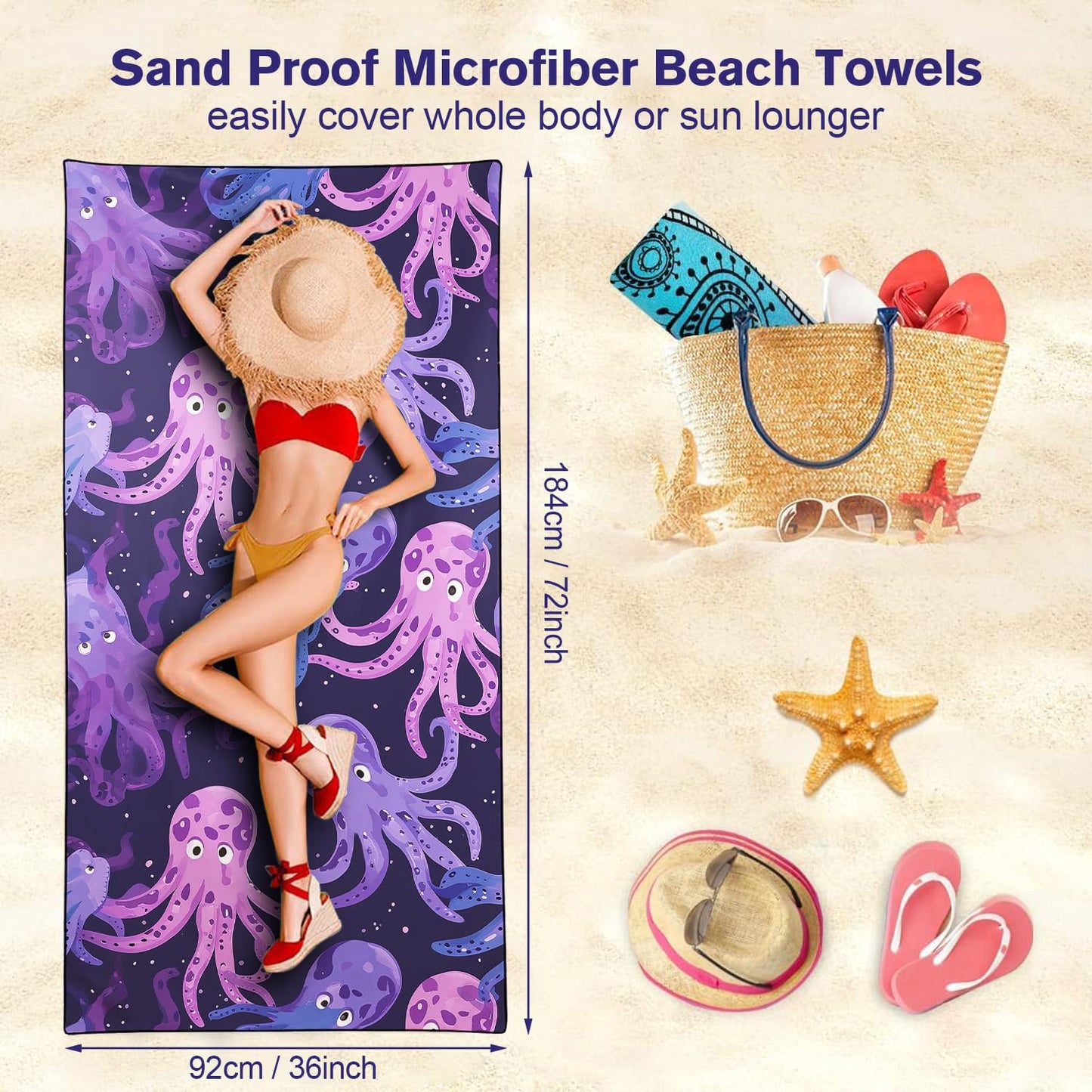 YISUMEI Purple Octopus Beach Towels for Adults Extra Large 180 x 90 cm, Microfibre Quick Dry Towel for Travel Swimming Camping Sports
