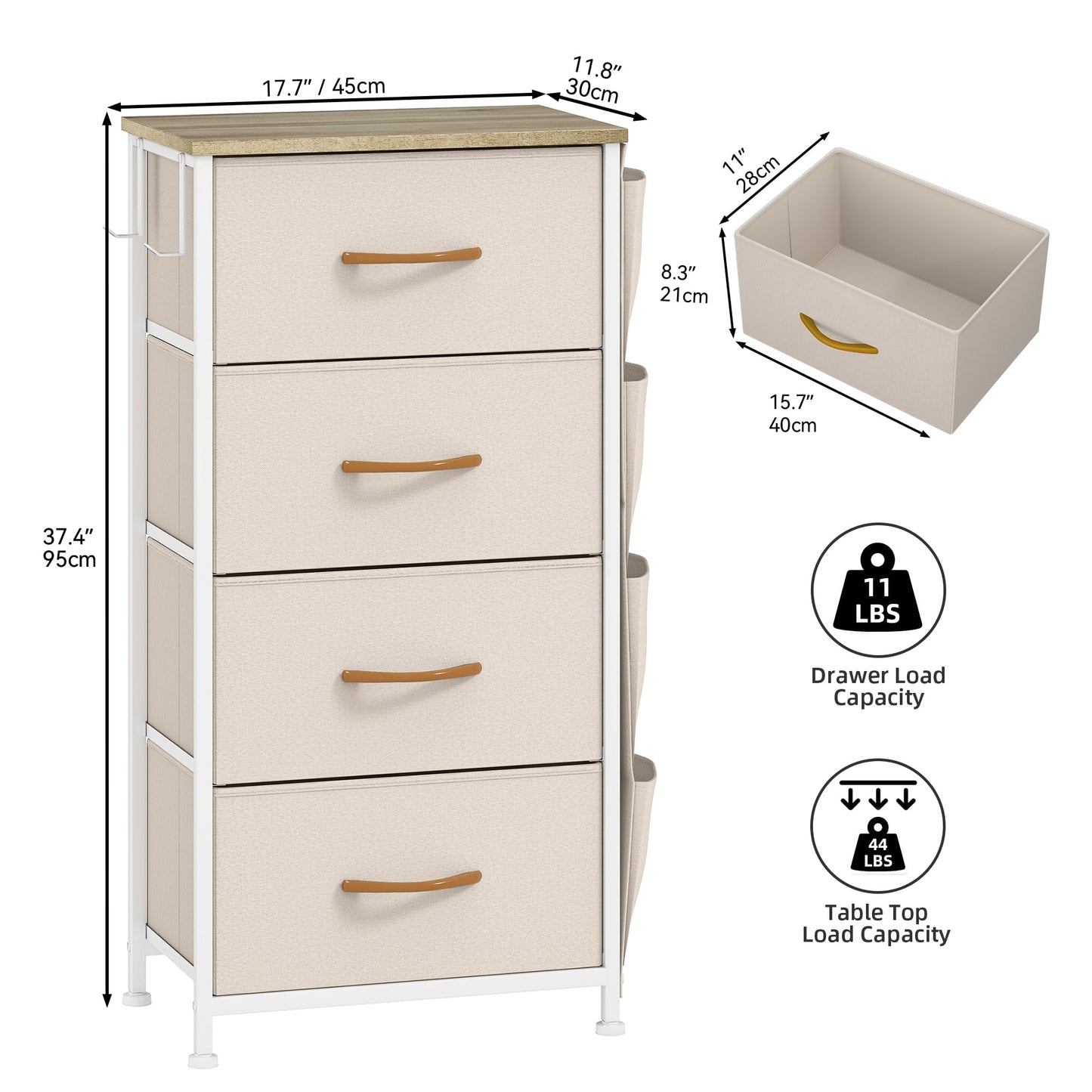 DWVO Narrow Chest of Drawers with 4 Drawers, Fabric Chest Drawers with Side Pocket&Hooks,Easy Pull Handle,Sturdy Steel Frame for Bedroom,Living