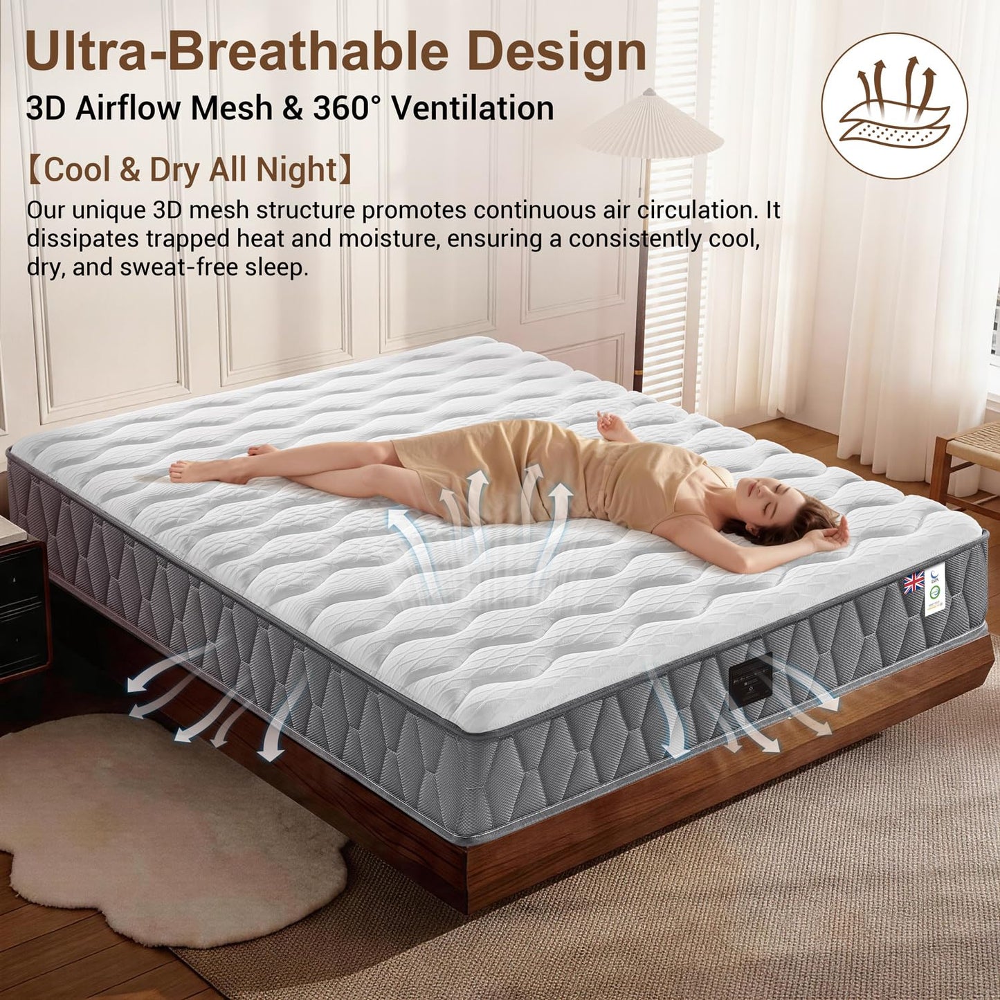 NineLan Orthopaedic Double Mattress 4FT6 for Back Pain Relief, 8.7 Inch Hybrid 5-Zone Pocket Sprung Mattress with Cooling Gel Memory Foam &