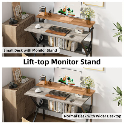 CAIYUN 70cm Computer Desk, Home Office Desk for Home, Small Desk for Spaces, GreyOak Small Table with Monitor Stand
