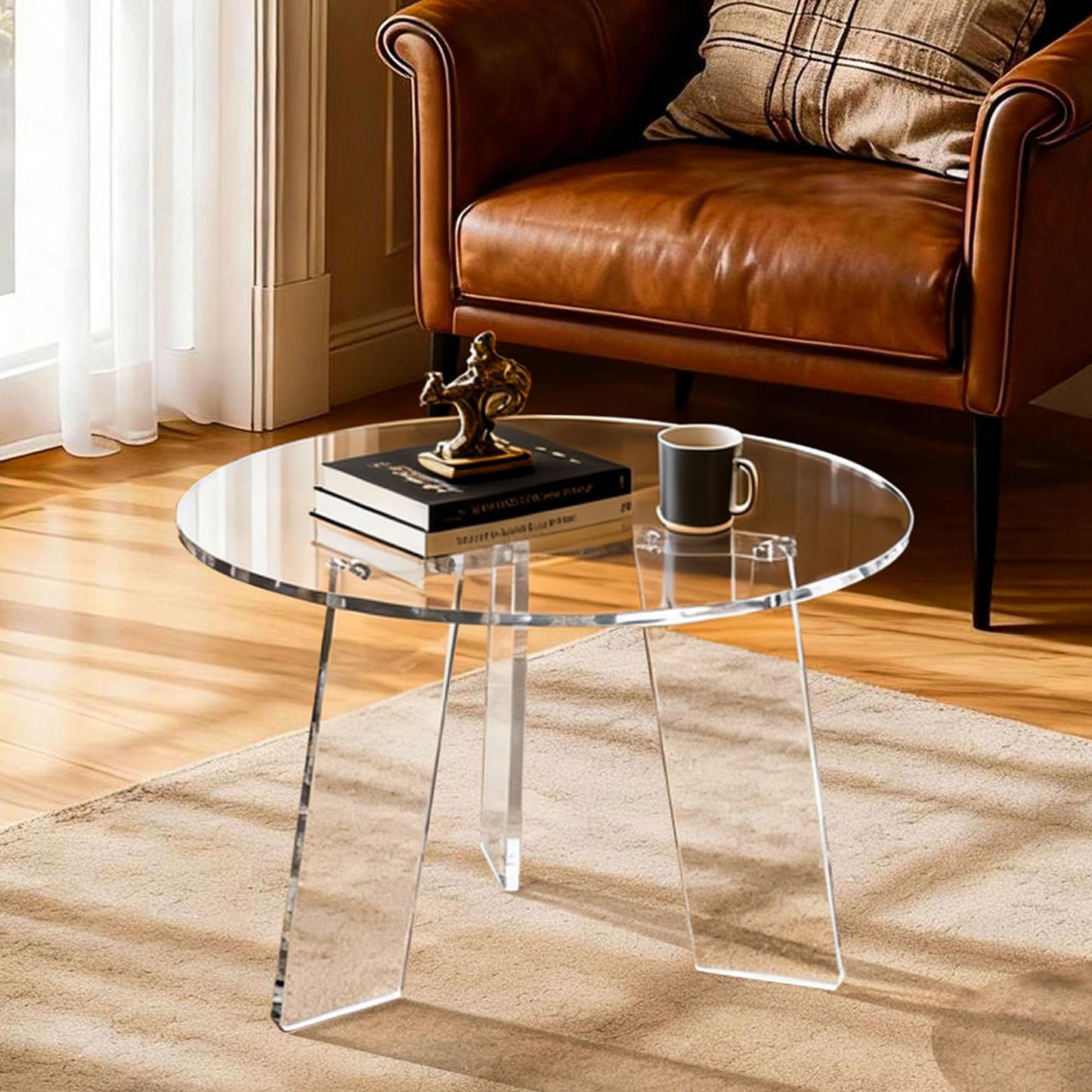 Dewrhiixe Acrylic Round Coffee Table, Clear Circle Modern Lucite Side Table for Living Room, Bedroom, Office (Clear, 60×60×40 cm)