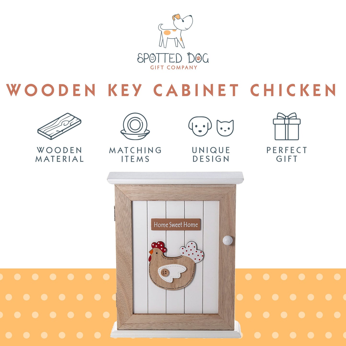 SPOTTED DOG GIFT COMPANY Key Box Wall Mounted Wooden Key Cupboard Cabinet with 6 Hooks for Hallway, Decorative Chicken Themed Home Décor