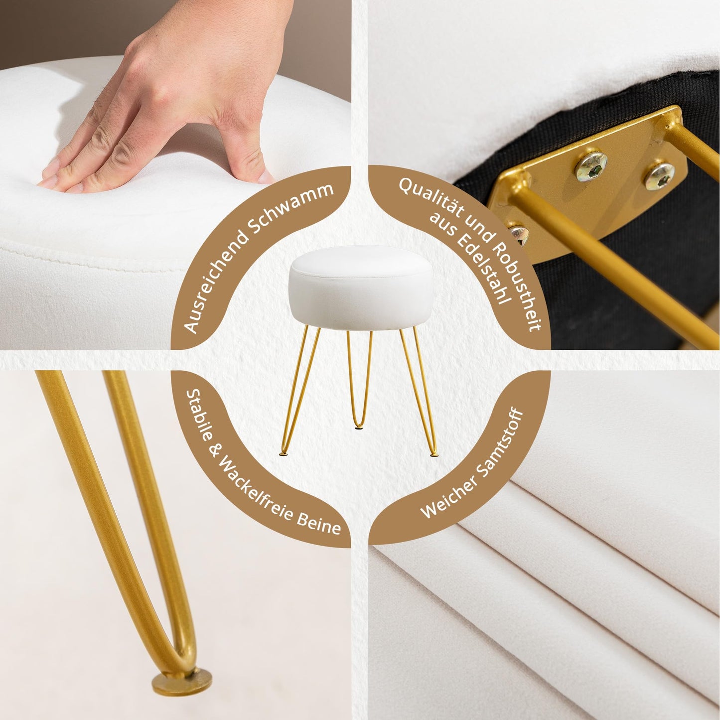 LUE BONA Velvet Round Stool Dressing Table Stool, Makeup Vanity Stool, Ottoman Padded Stool Metal Legs Support, White