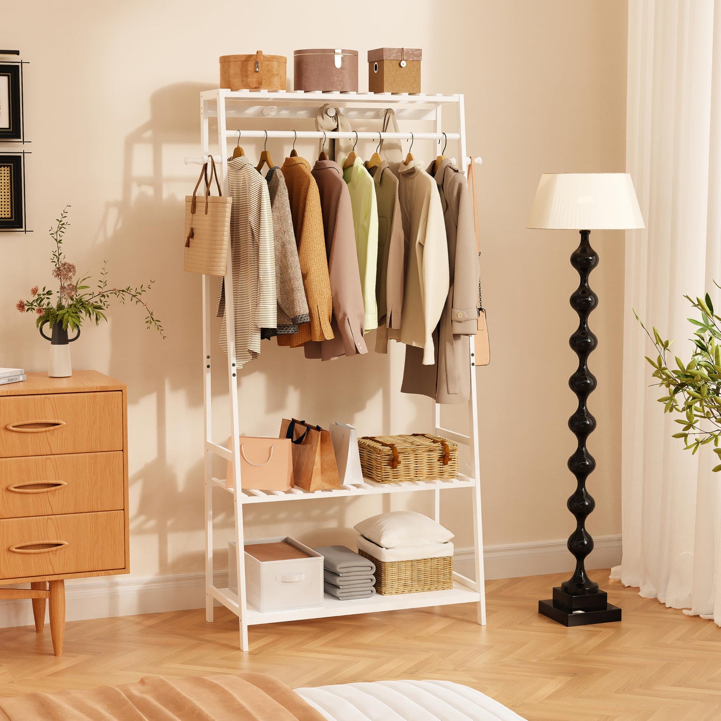 unho Bamboo Clothes Rail Rack: Free Standing Garment Rack with 3 Storage Shelves 10 Hooks Open Wardrobe Organizer for Clothes Shoes Hats Bags in