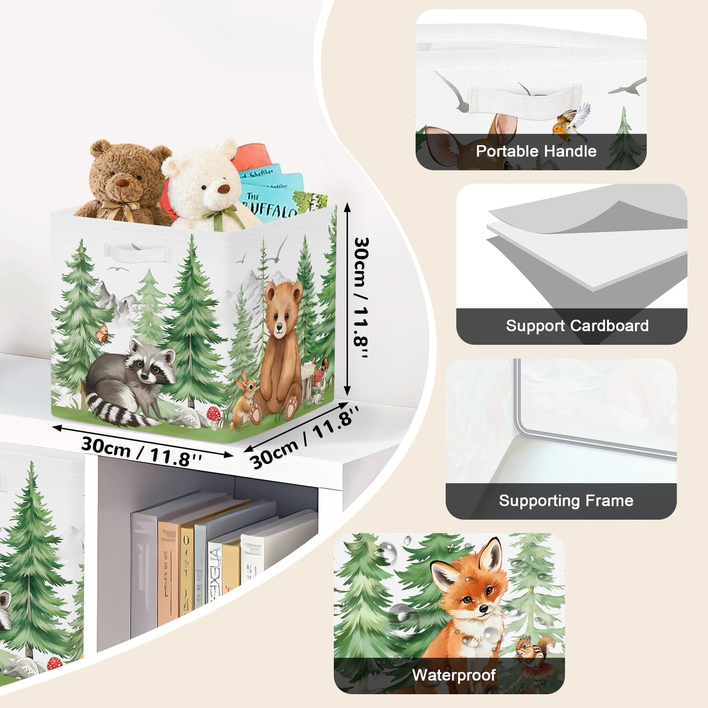Clastyle 3 pcs Cute Animals Cube Storage Boxes for Shelves Kallax Boxes