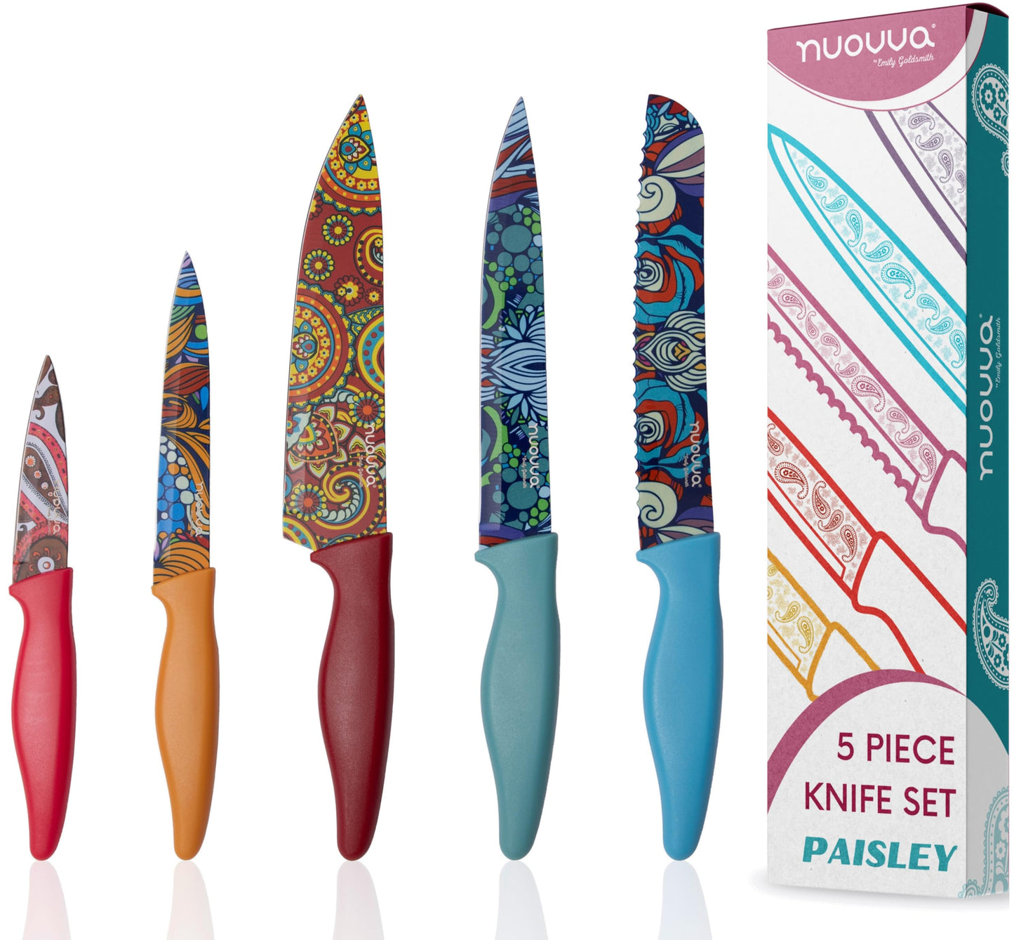 nuovva Professional Kitchen Knife Set ? 5pcs Paisley Pattern Kitchen Knives ? Stainless Steel Granite Non Stick Blades ? Chefs, Filleting, Bread,