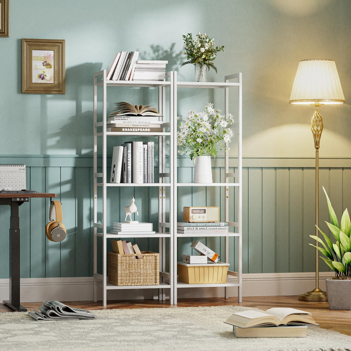HITNET White Bamboo Bookshelf, Tall Narrow Bookcase 5-Tier Freestanding Bathroom Storage Shelf
