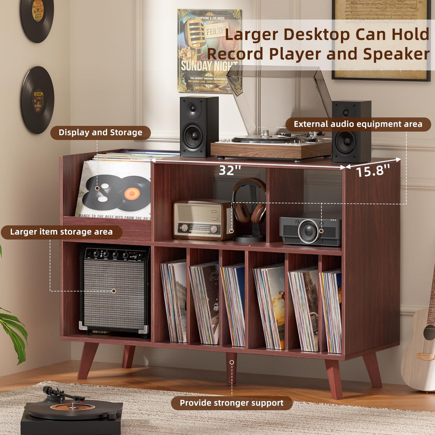LELELINKY Large Record Player Stand, Turntable Stand with Storage, Vinyl Holder with Display Area, Record Player Table Holds Up to 450 Albums