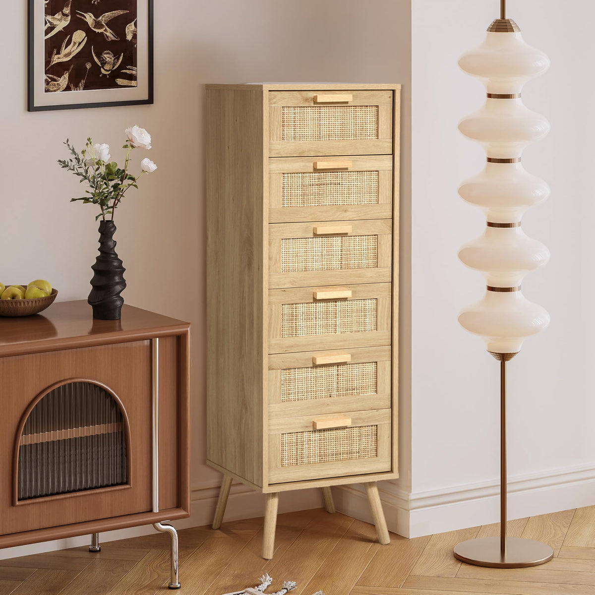 Finnhomy Rattan Chest of Drawers Bedroom, Tall Chester of Drawers with 6 Hand Made Rattan Decorated Drawers for Bedroom
