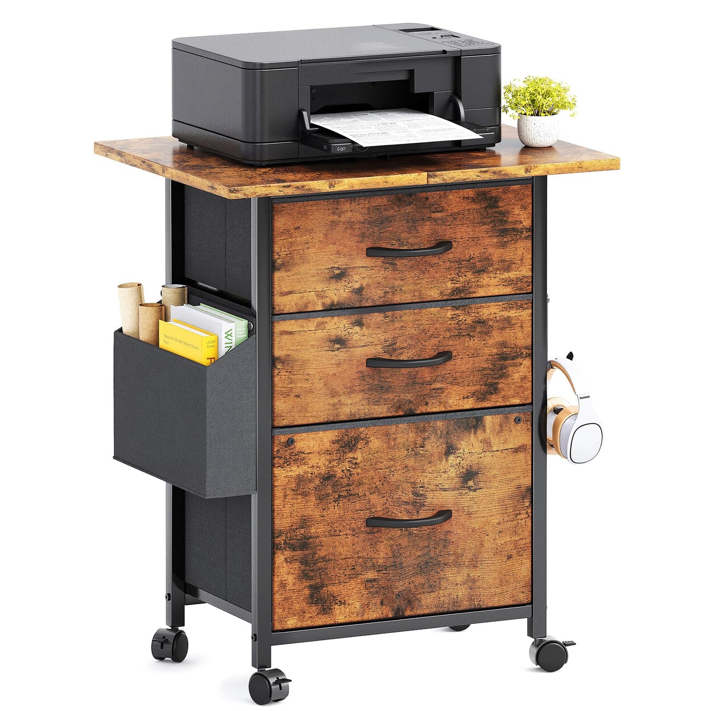 CAIYUN Filing Cabinet with 3 Fabric Drawers, Mobile File Cabinet on Wheels & Adjustable Feet, Rolling Under Desk Cabinet