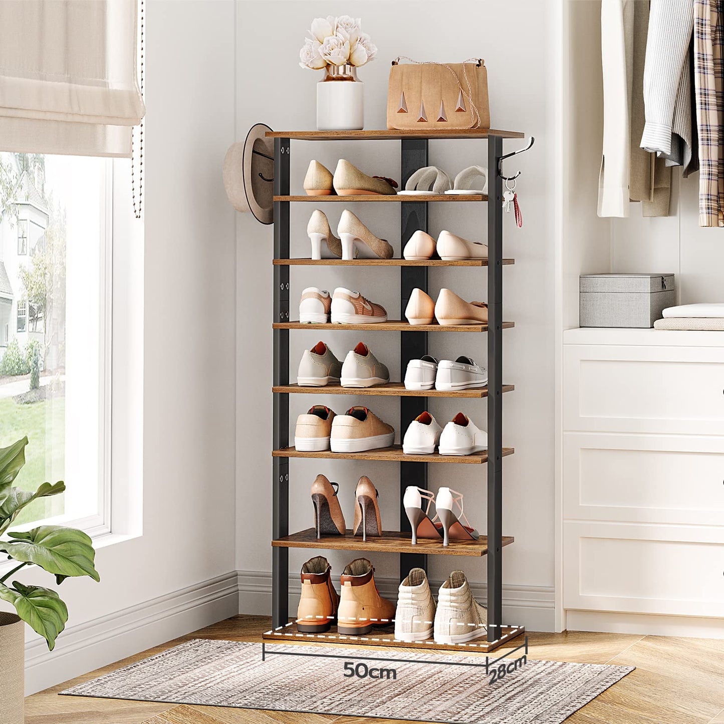 HOOBRO Shoe Rack Wooden, Tall Shoe Rack, Narrow Shoe Storage Organizer with 2 Hooks, Slim Narrow Shelf, Vertical Tower for Entrance, Living Room