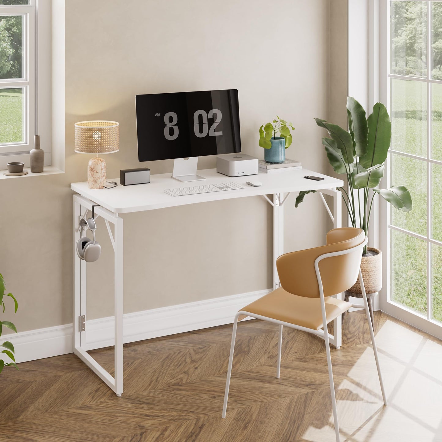 JOYMOOP White Folding Desk - 120 x 57 cm, No Assembly Large Size Foldable Desk for Home, Office, Wooden Top Folding Computer Desk for Working