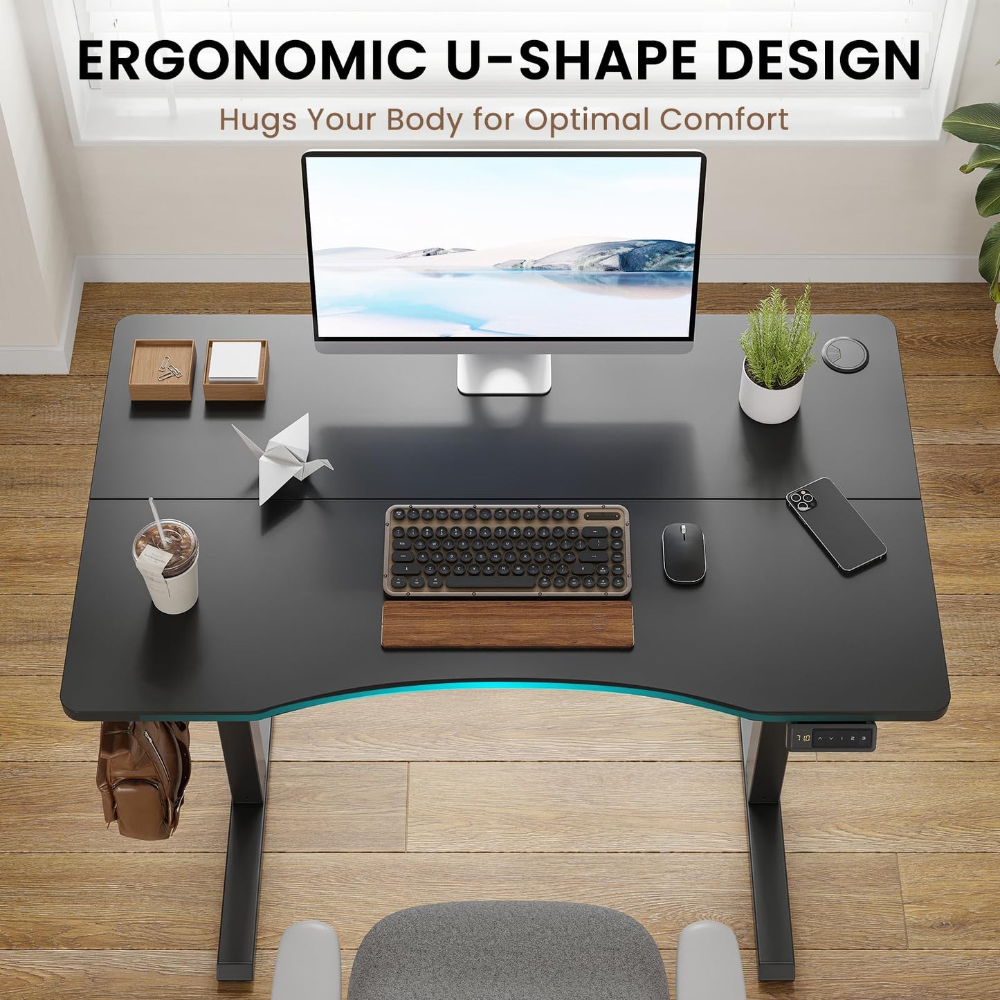 Farini U-Shaped Ergonomic Electric Standing Desk, 100x60cm, Height Adjustable Sit to Stand Desk with Memory Keypad & Headphone Hook for Home and