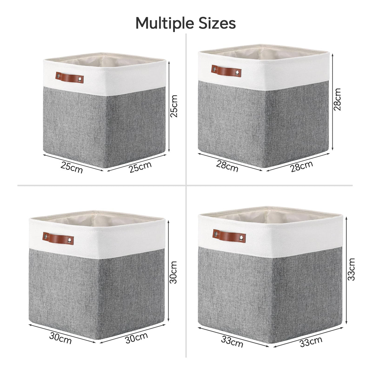 Mangata 25|28|30|33cm Fabric Storage Boxes Cubes, 3 Pack 33x33x33cm, Grey White