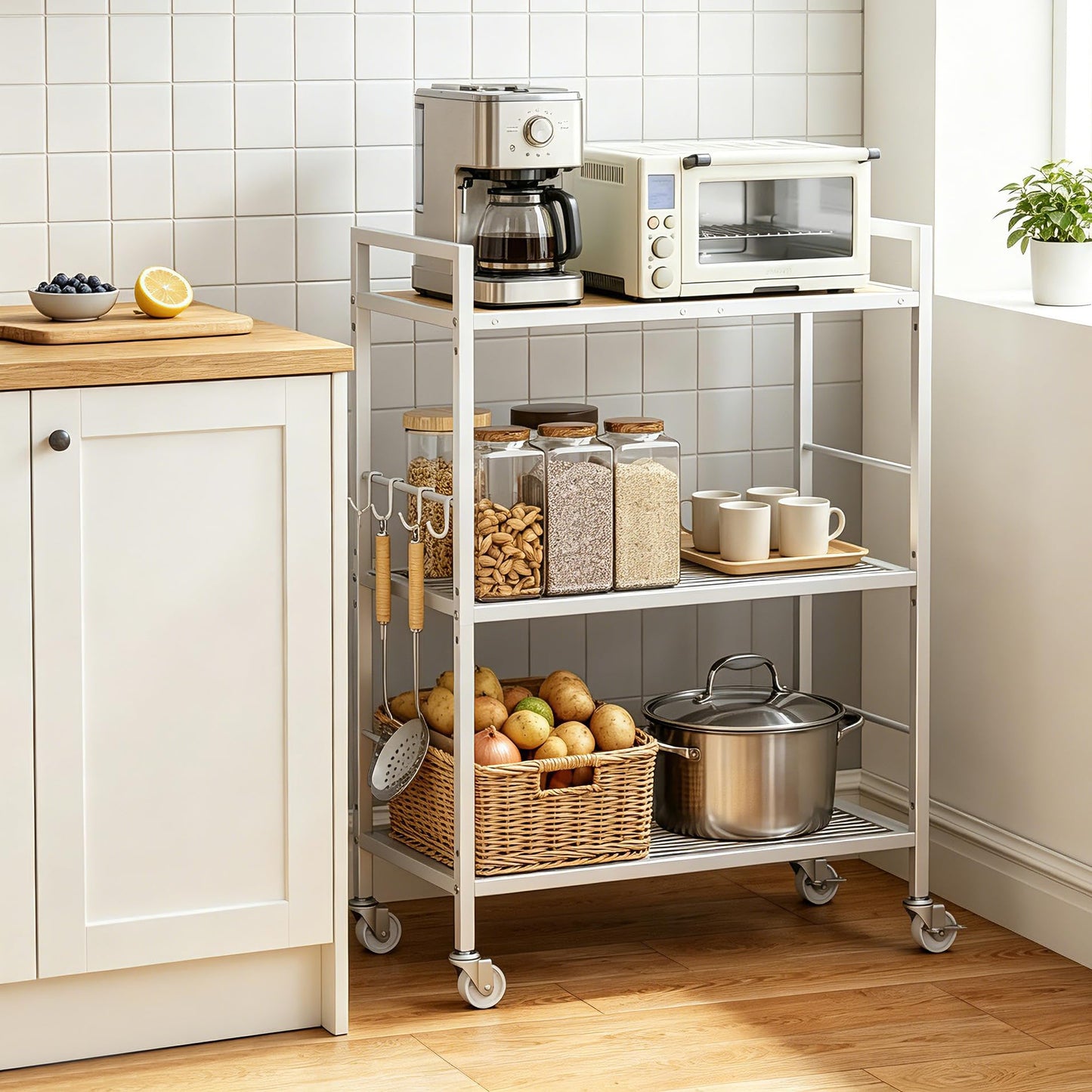 3-Tier kitchen trolley,Oak Wood Top,60W×30Dcm,4 Hooks, Adjustable Shelves