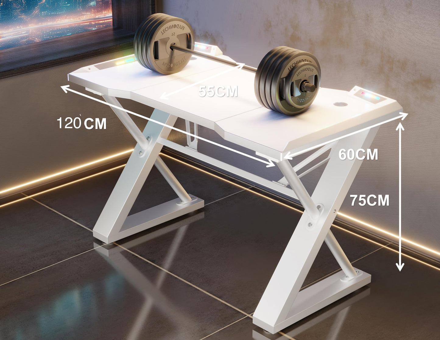 Xyphren 120 * 55 cm Gaming Desk with LED Lights, Gaming Table Thickened Z Shaped, Gamer Desk with Carbon Fiber Coated, Gaming PC Desk
