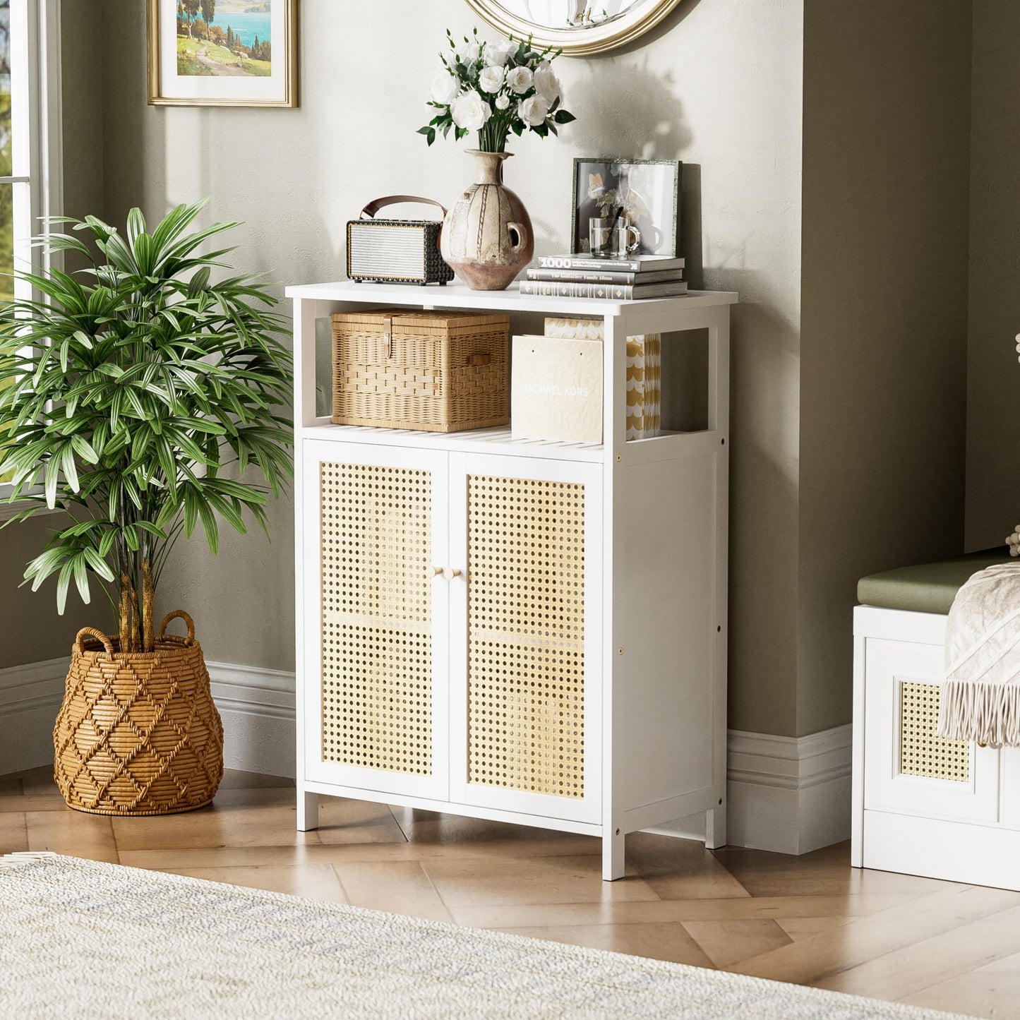 HITNET Bamboo Cabinet, Bathroom Storage Cabinet with Rattan Doors, Freestanding Floor Cupboard for Living Room, Hallway, Entryway, White