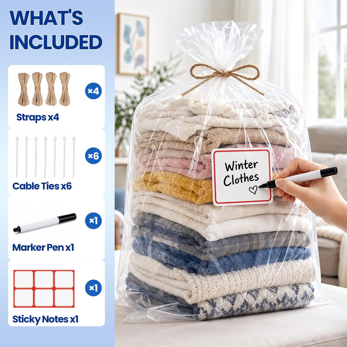 Extra Large Clear Plastic Storage Bags10PCS, 130*130 Etc Size Heavy Duty Waterproof Large Plastic Bags 100μm with 6 Cable Ties, 4 Straps