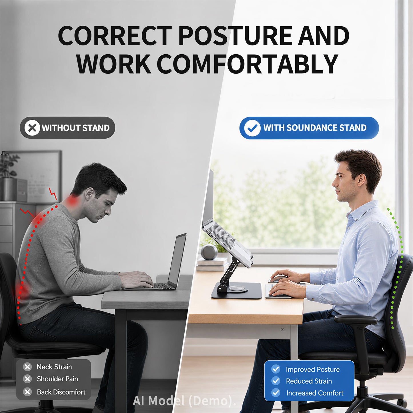 SOUNDANCE Laptop Stand with 360° Rotating Base, Ergonomic Computer Riser for Desk, Adjutable Height Muti-Angle, Foldable Laptop Mount