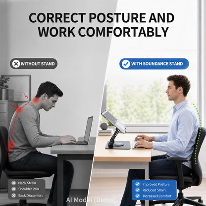 SOUNDANCE Laptop Stand with 360° Rotating Base, Ergonomic Computer Riser for Desk, Adjutable Height Muti-Angle, Foldable Laptop Mount
