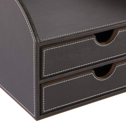 OSCO Brown Faux Leather 2 Tier Sorter with Letter Tray | A4 | Drawers | Desk Tidy | Document Storage | Paperwork Organiser | File Holder | 35 x 25 x