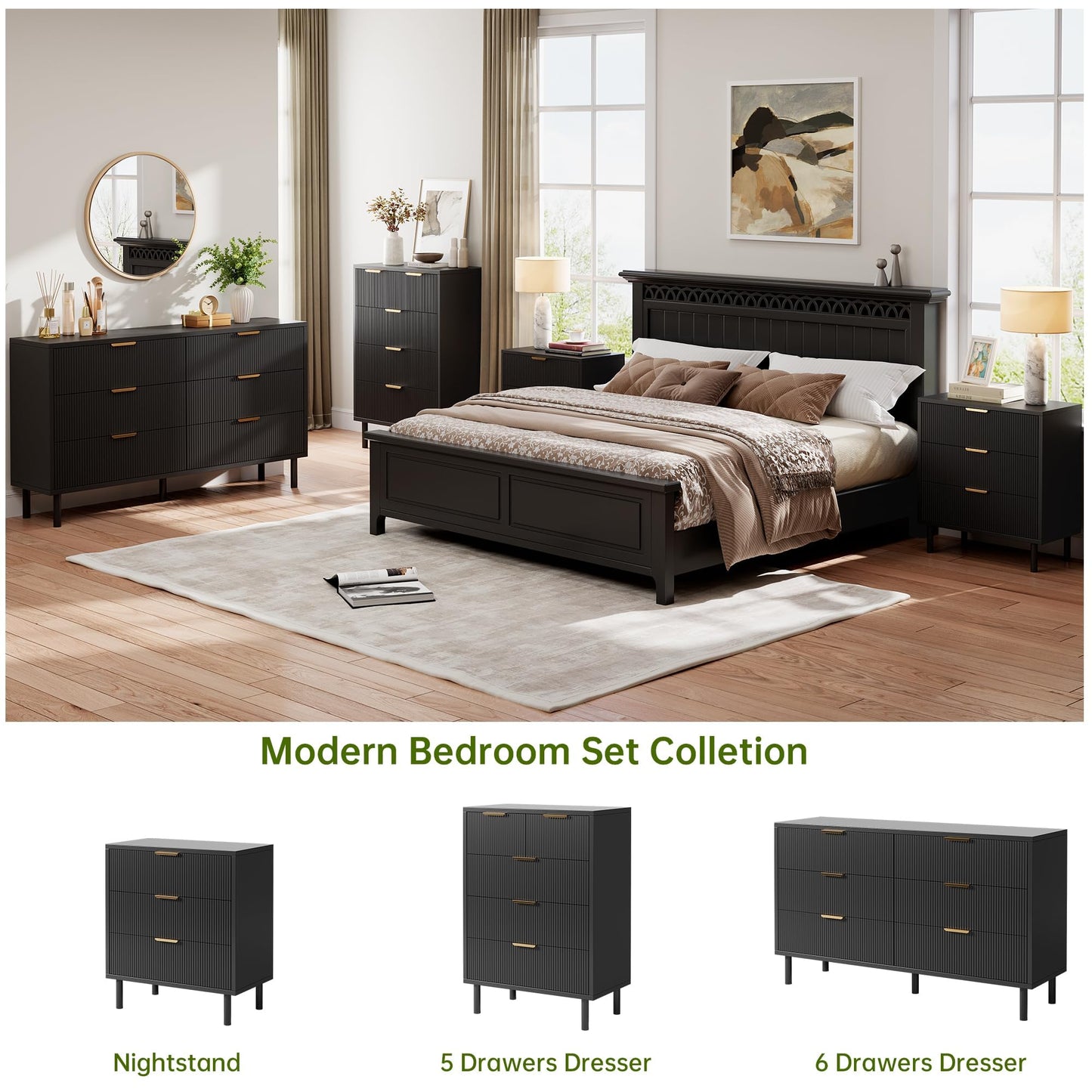 Chest of Drawers, Fluted Dresser for Bedroom with 3 Drawers, Metal Legs & Handles