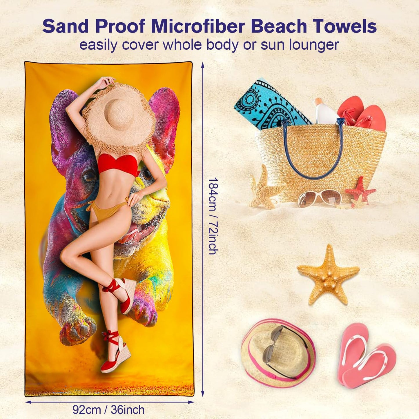 Violetpos Rainbow French Bulldog Beach Towel for Dog Lovers, Extra Large 180x90 cm 250GSM Microfibre, Sand Free Quick Dry